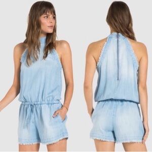 Anthropologie Cloth & Stone Blue Frayed Halter Romper - size Medium